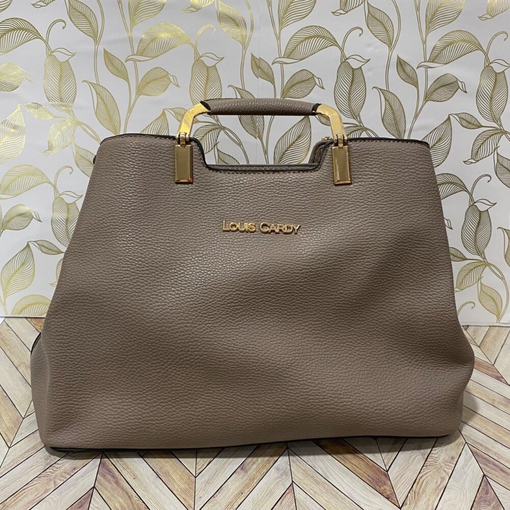 Louis Cardy taupe structured top handle satchel with gold hardware